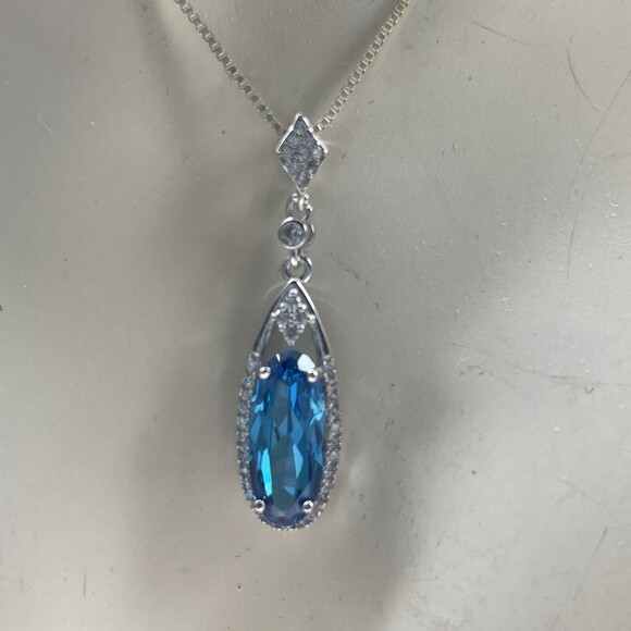 925 Sterling Silver Chain With 925 CZ Aqua Blue Stone Pendant New - Picture 2 of 9